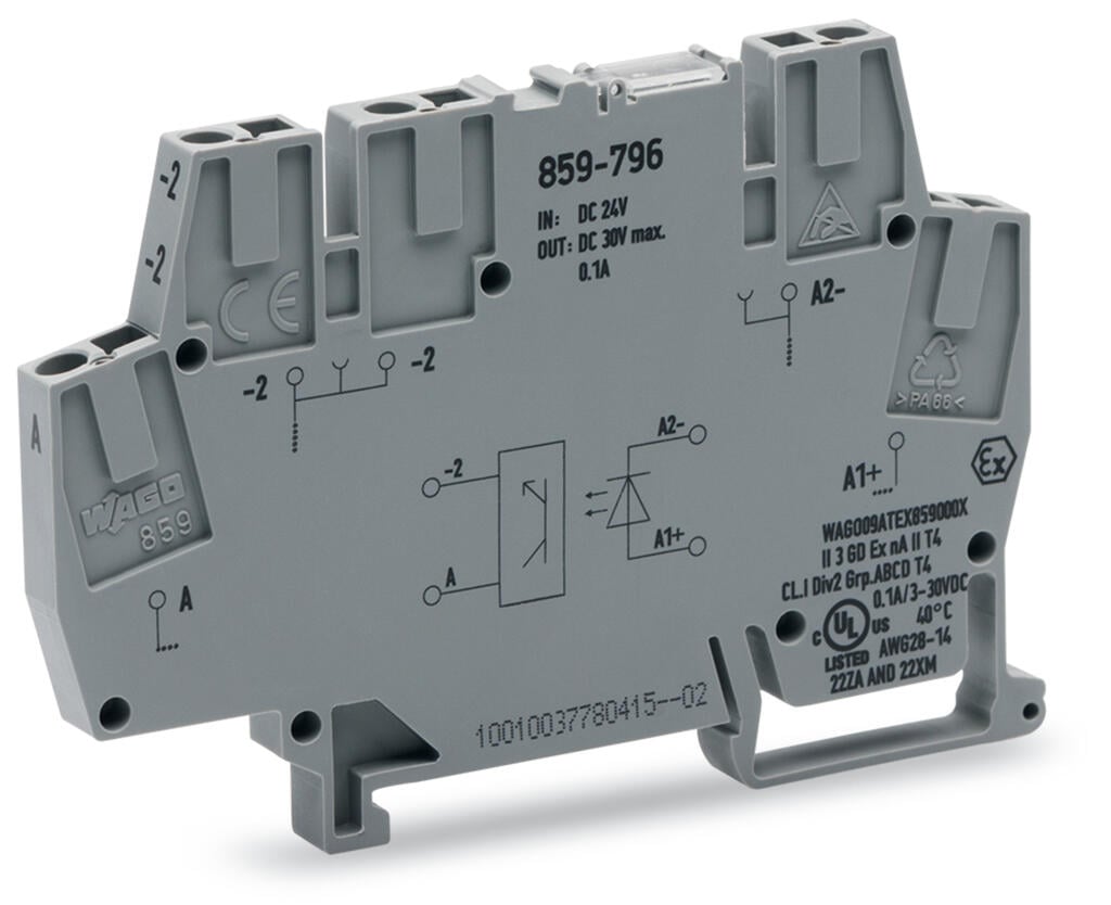 optoseparator; znamionowe napięcie wejściowe 24 V DC; zakres napięcia wyjściowego 3 … 30 V DC; maksymalny prąd długotrwały 0,1 A; podłączanie 2-przewodowe; kolejnictwo; częstotliwość 10 kHz; sygnalizacja statusu czerwony; szerokość 6 mm; szary - zdjęcie 1