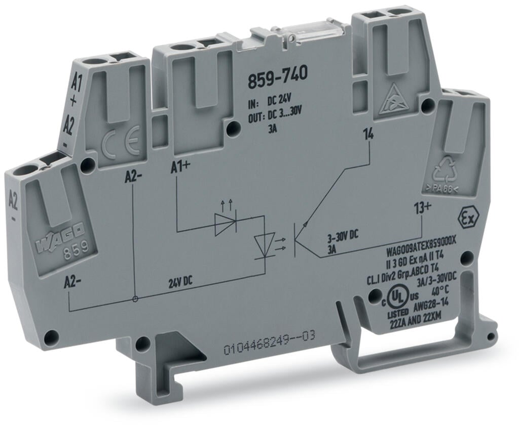 optoseparator; znamionowe napięcie wejściowe 24 V DC; zakres napięcia wyjściowego 3 … 30 V DC; maksymalny prąd długotrwały 5 A; podłączanie 2-przewodowe; szerokość 6 mm; szary - zdjęcie 1