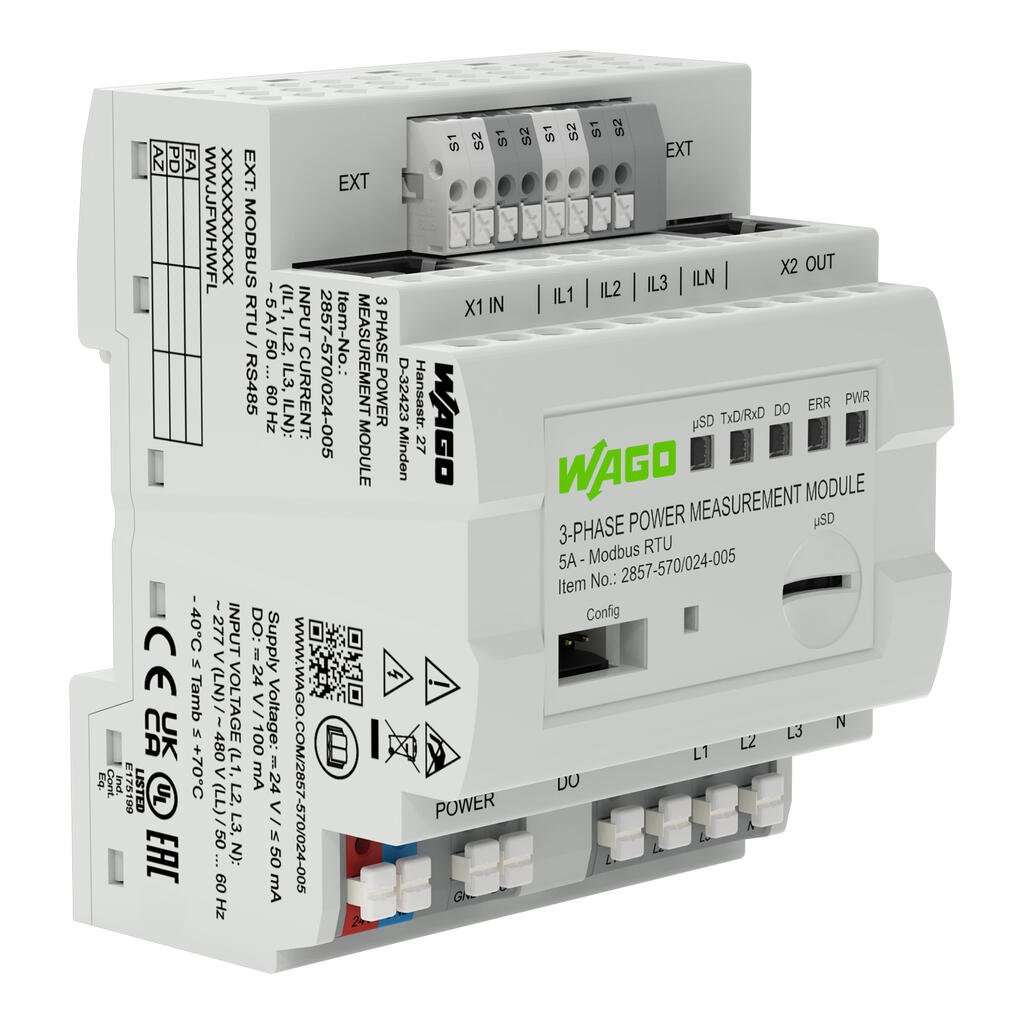 przetwornik pomiarowy mocy 3-fazowy; 3x277/480 V/5 A; MODBUS RTU; moduł wyjść dwustanowych; konfiguracja przy użyciu oprogramowania; napięcie zasilania 24 V DC - zdjęcie 1