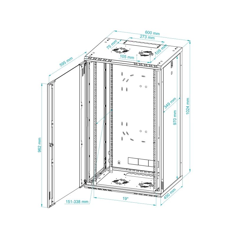 Szafa RACK 19" 21U 450 mm wisząca glass/black C series - zdjęcie 8