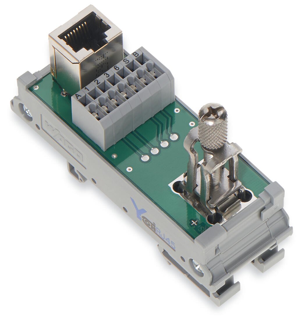 moduł przejściowy; RJ-45; z magistralą obiektową; złączki i złącza do PCB; Cat. 5; w podstawce montażowej; z podłączeniem ekranu; z obejmą zaciskową do ekranów; 1,50 mm² - zdjęcie 1