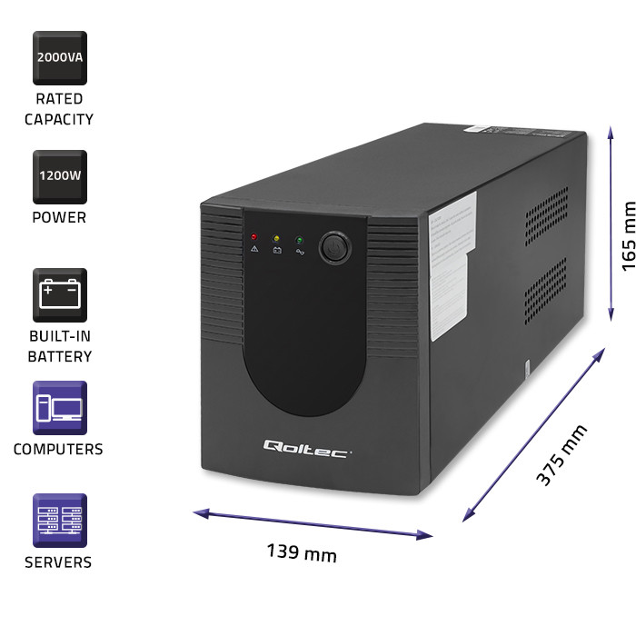 Qoltec Zasilacz awaryjny UPS Line Interactive | Monolith | 2000VA | 1200W | USB | RJ45 - zdjęcie 3