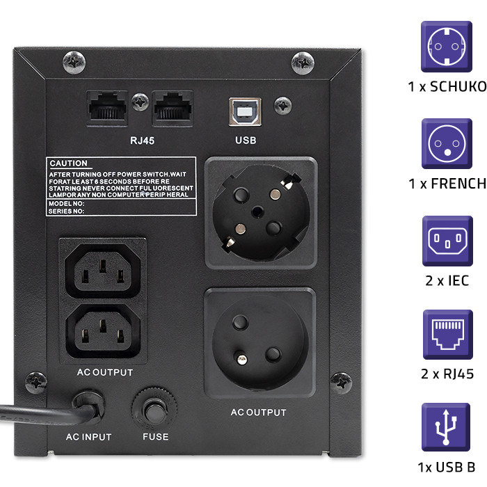 Qoltec Zasilacz awaryjny UPS Line Interactive | Monolith | 2000VA | 1200W | USB | RJ45 - zdjęcie 4