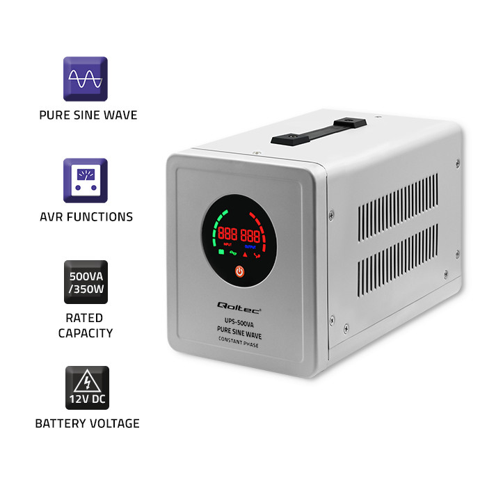 Qoltec Zasilacz awaryjny UPS 500VA/350 | Przetwornica 12/230V z AVR | SF | Sinus - zdjęcie 3