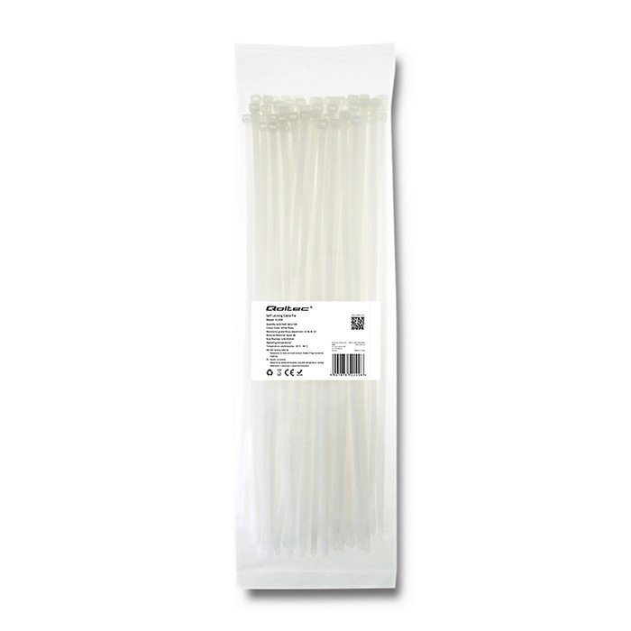 Qoltec Opaski zaciskowe Trytki kablowe | 4.8*350mm | 100 szt. | Nylon66 | UV | Białe - zdjęcie 1
