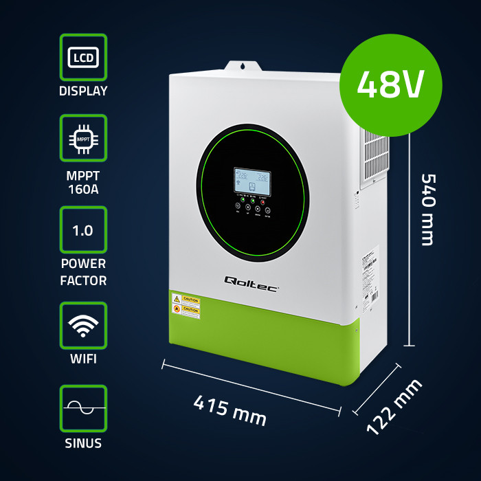 Qoltec Hybrydowy inwerter solarny Off-Grid 11000W | 160A | 48V | MPPT | BMS | Sinus | opcja Wi-Fi | Power Factor 1.0 - zdjęcie 3