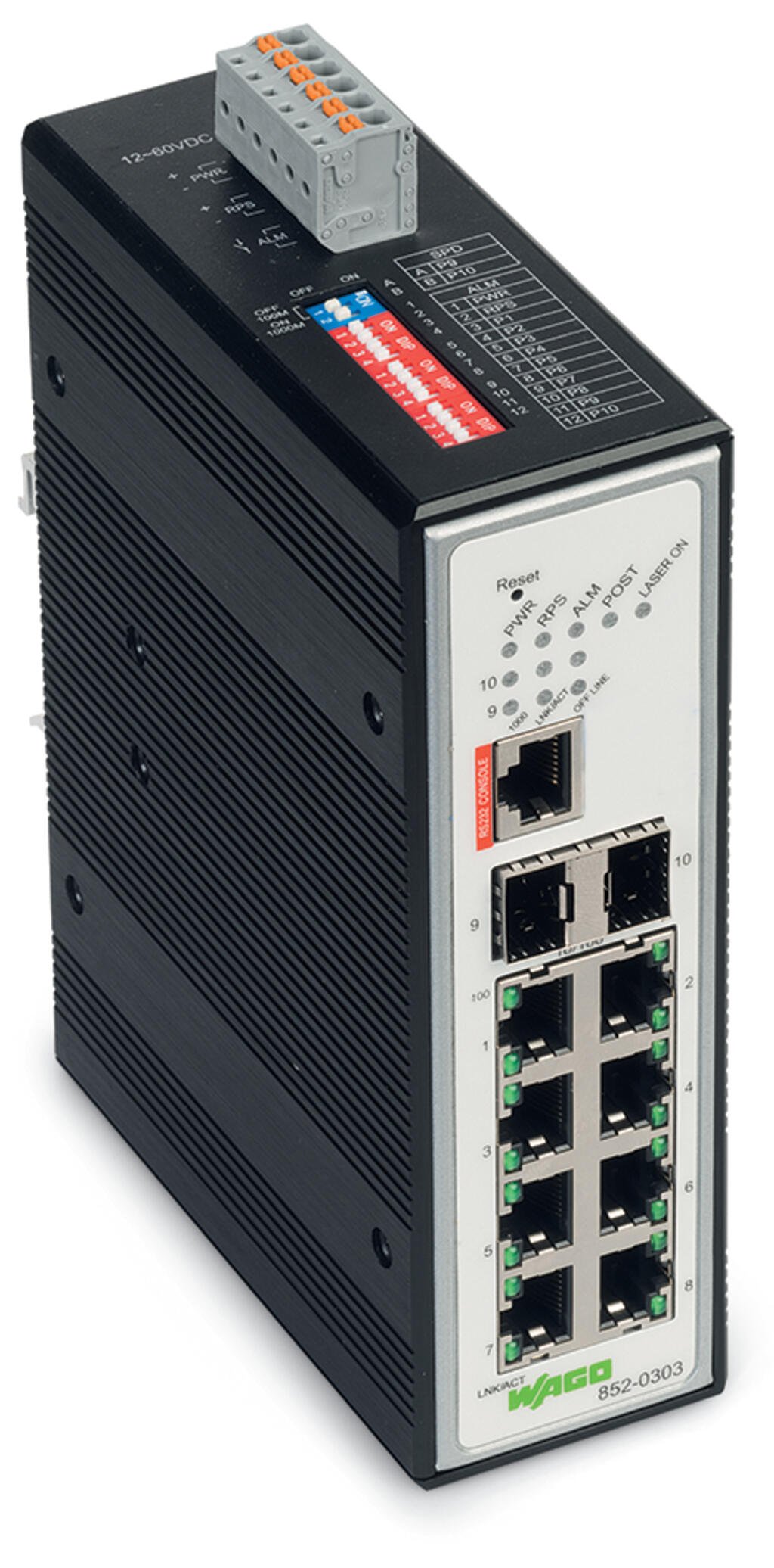 Switch przemysłowy zarządzalny; 8 portów 100Base-TX; 1000BASE-SX/LX, 2 gniazda; czarny metaliczny - zdjęcie 1