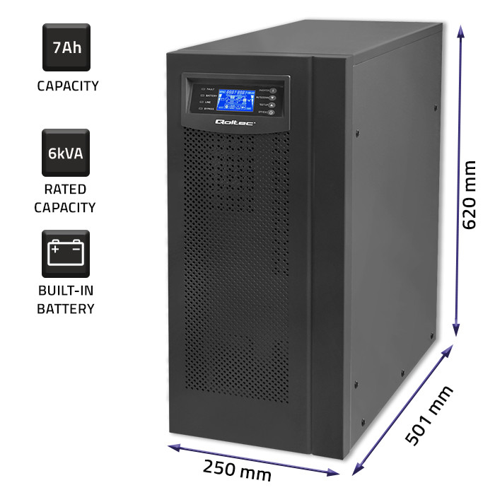 Qoltec Zasilacz awaryjny UPS On-line | Pure Sine Wave | 6kVA | 4.8kW | LCD | USB - zdjęcie 3