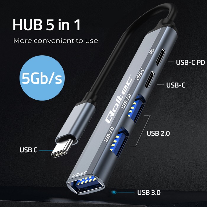 Qoltec Hub Adapter USB-C 3.1 5w1 | USB-C PD| USB-C | 2x USB 2.0 | USB 3.0 - zdjęcie 2