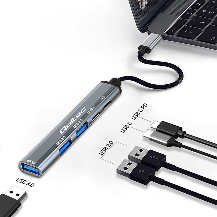 Qoltec Hub Adapter USB-C 3.1 5w1 | USB-C PD| USB-C | 2x USB 2.0 | USB 3.0 - zdjęcie 3