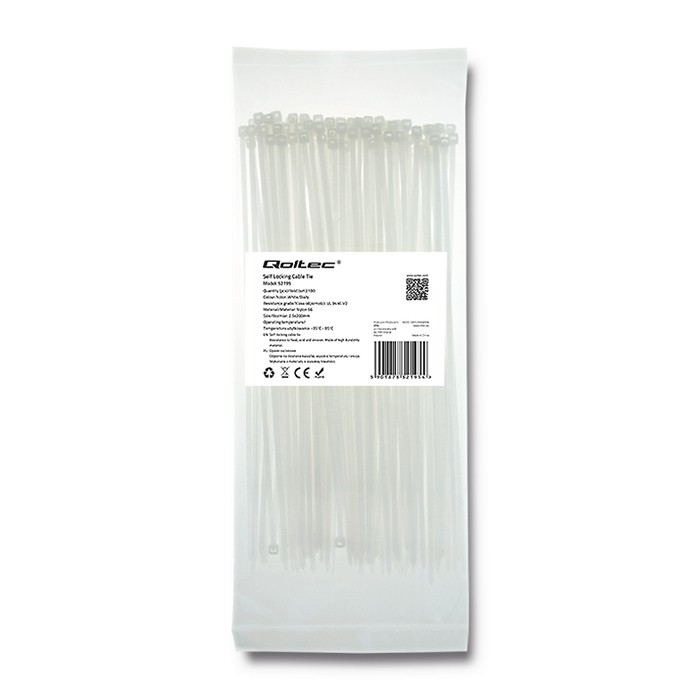 Qoltec Opaski zaciskowe Trytki kablowe | 2.5*200mm | 100 szt. | Nylon66 | UV | Białe - zdjęcie 1