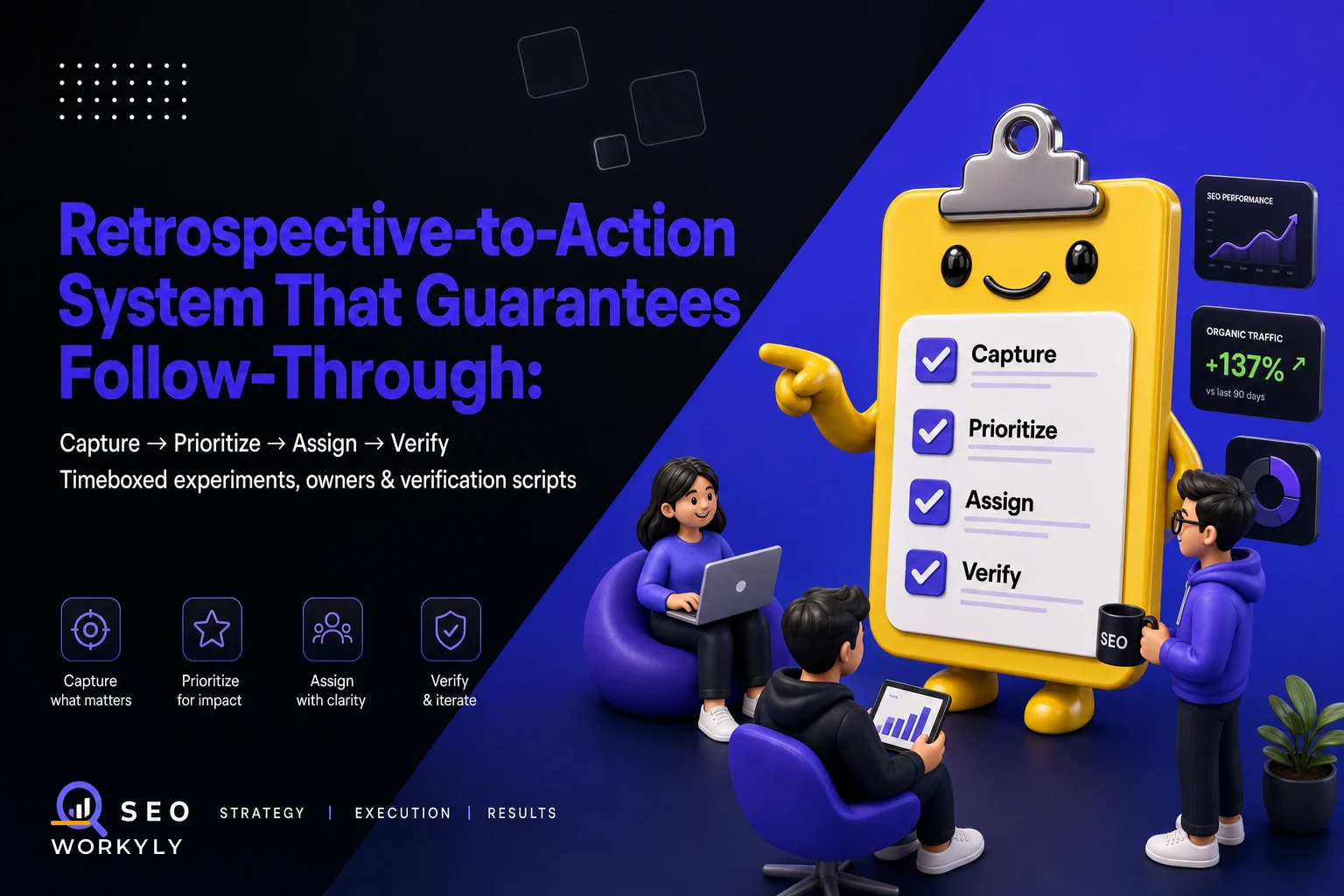 A retrospective-to-action system that guarantees follow-through: capture, prioritize, assign and verify