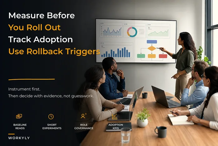 Measurement-first change rollouts: pre/post instrumentation, adoption KPIs and rollback triggers