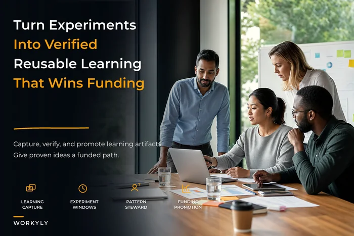 Organizational learning system that turns experiments into fundable work