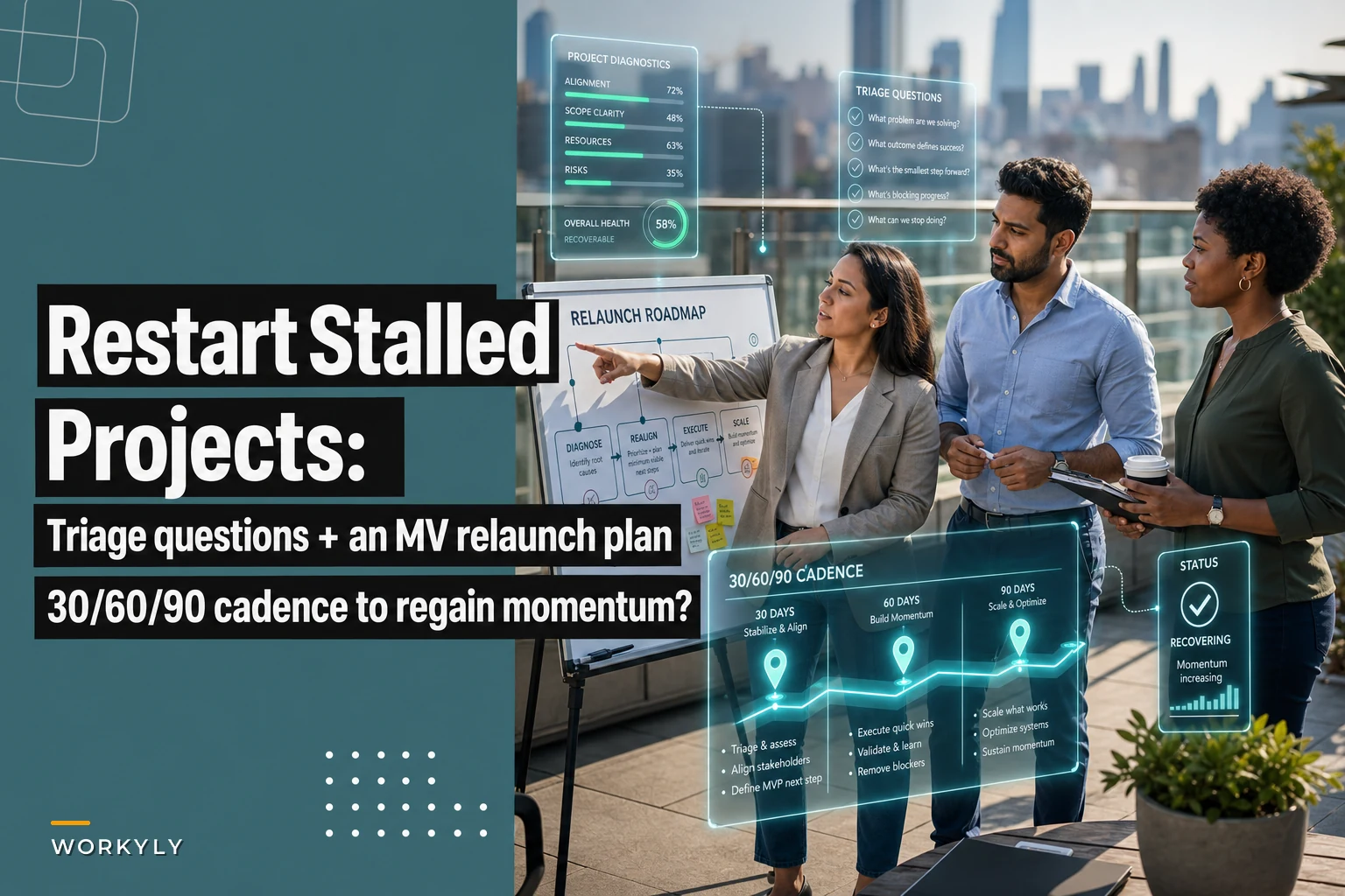 Restart stalled projects: triage questions, an MV relaunch plan, and a 30/60/90 cadence