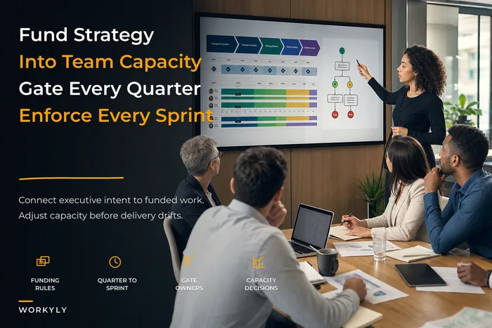 Strategy-to-execution operating model linking funding gates to team cadence