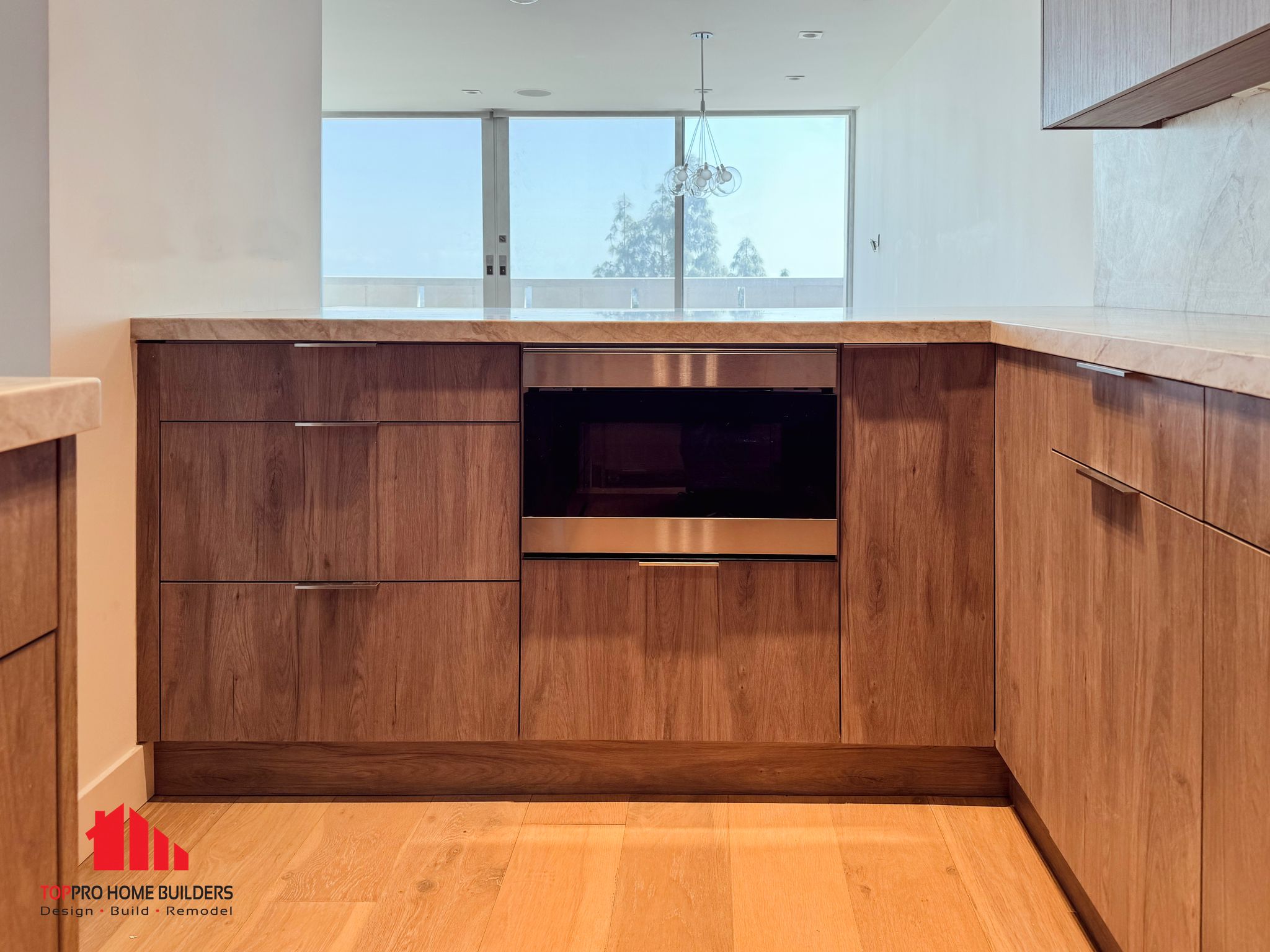 Wooden kitchen cabinets with integrated microwave