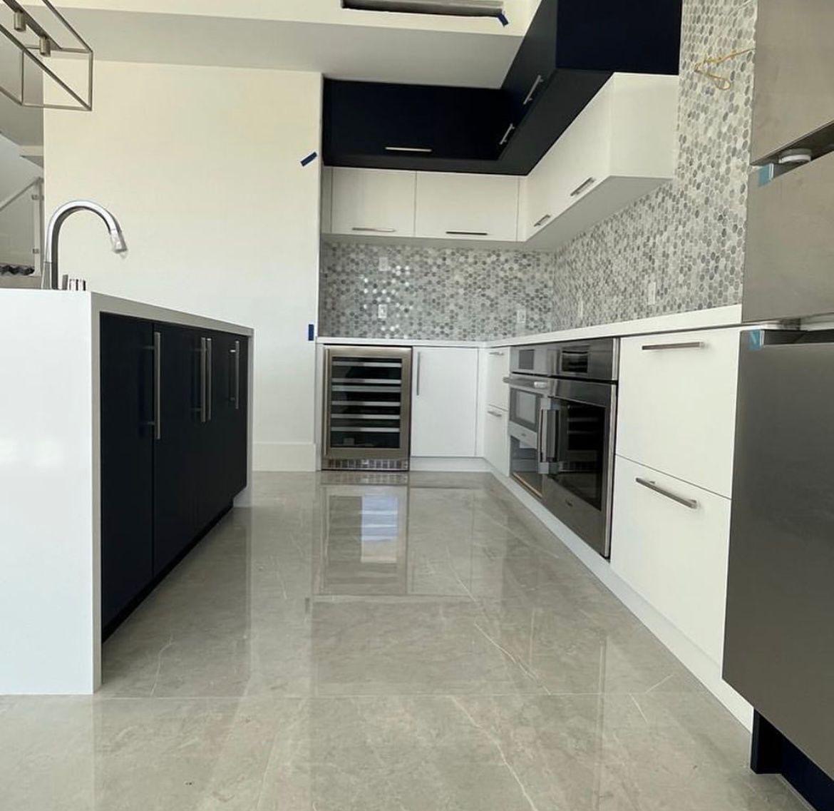 Sleek modern kitchen with white and navy blue cabinetry