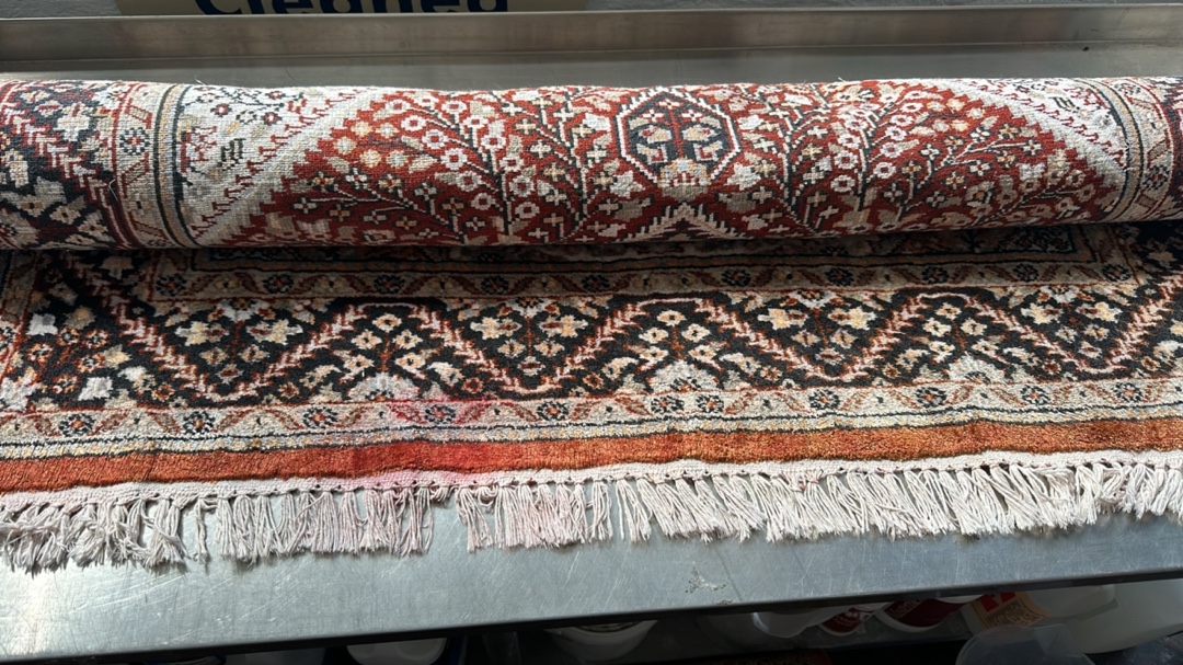 Rug being cleaned with tools visible
