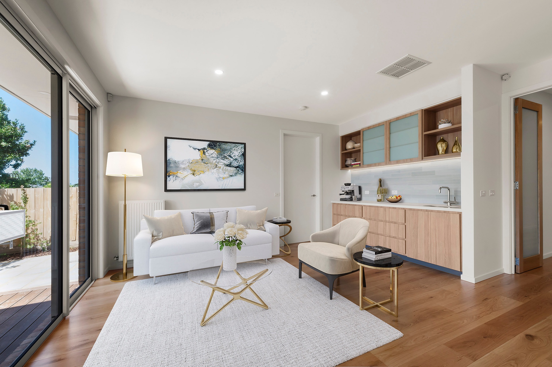 Living room leading to outdoor deck