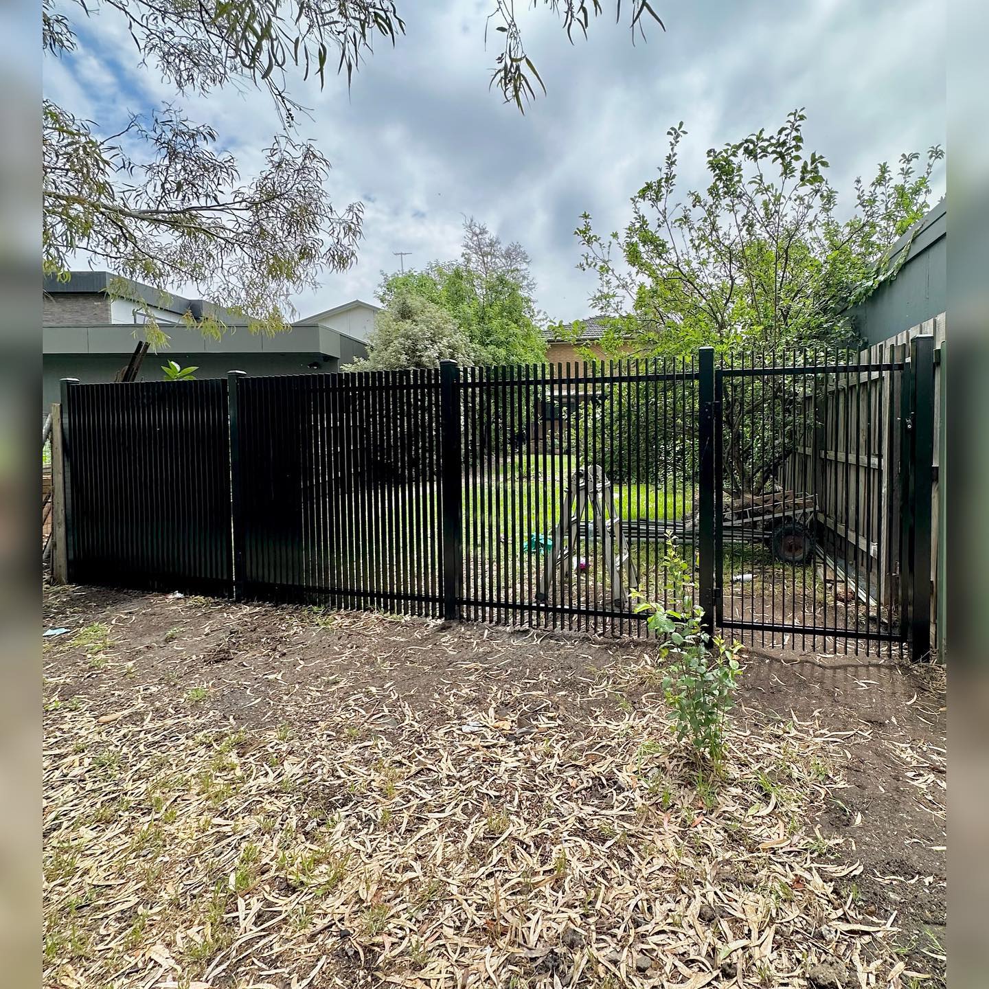 Black metal fence dividing two areas with green lawn