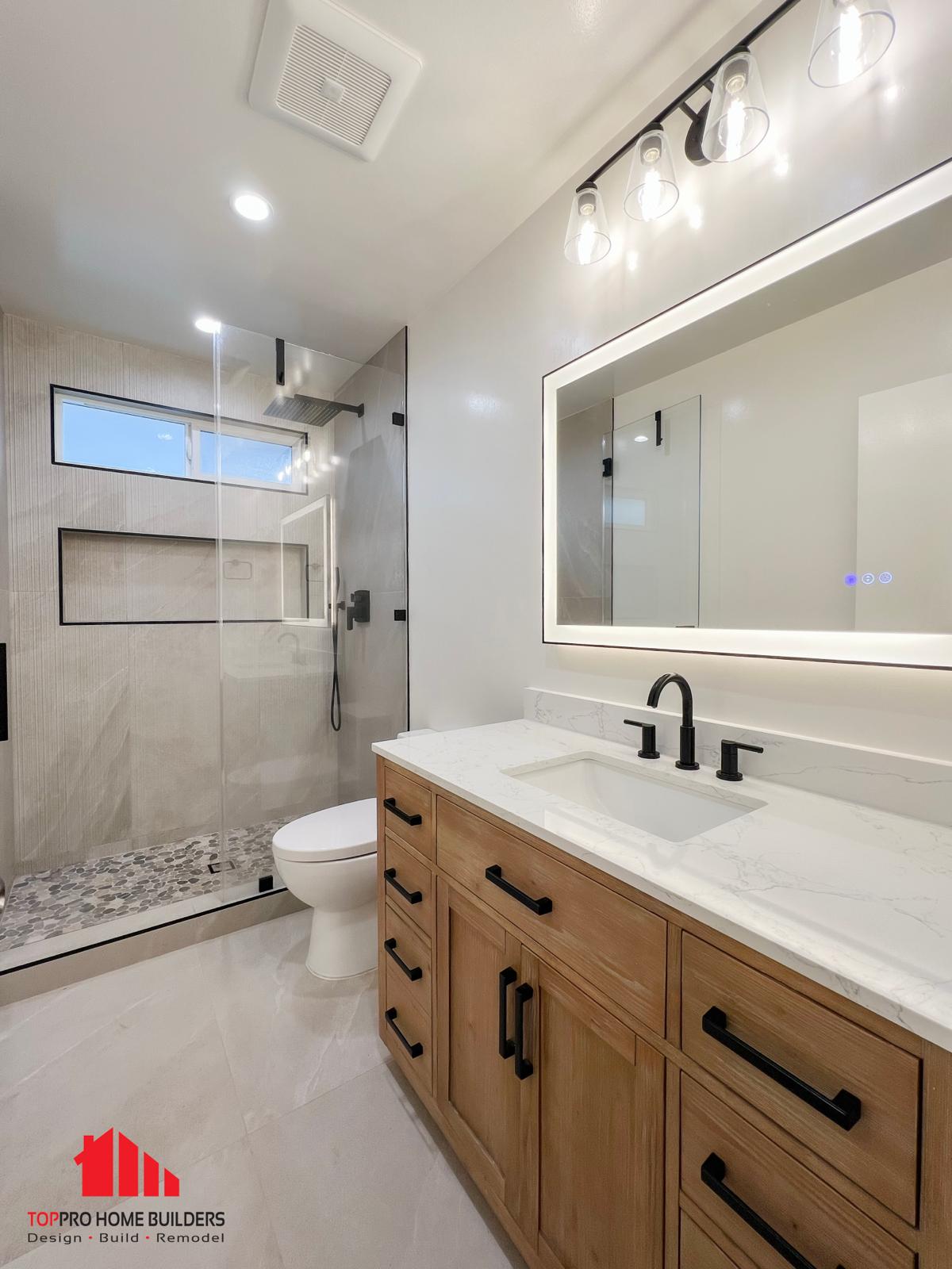 Modern bathroom illuminated by pendant lights