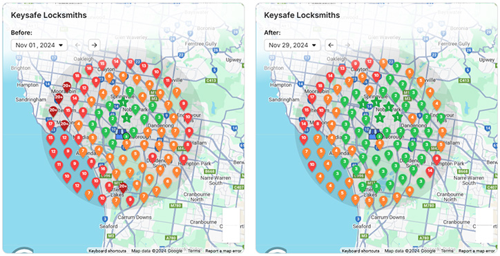 Map showing improvement in visibility for Keysafe Locksmiths over time