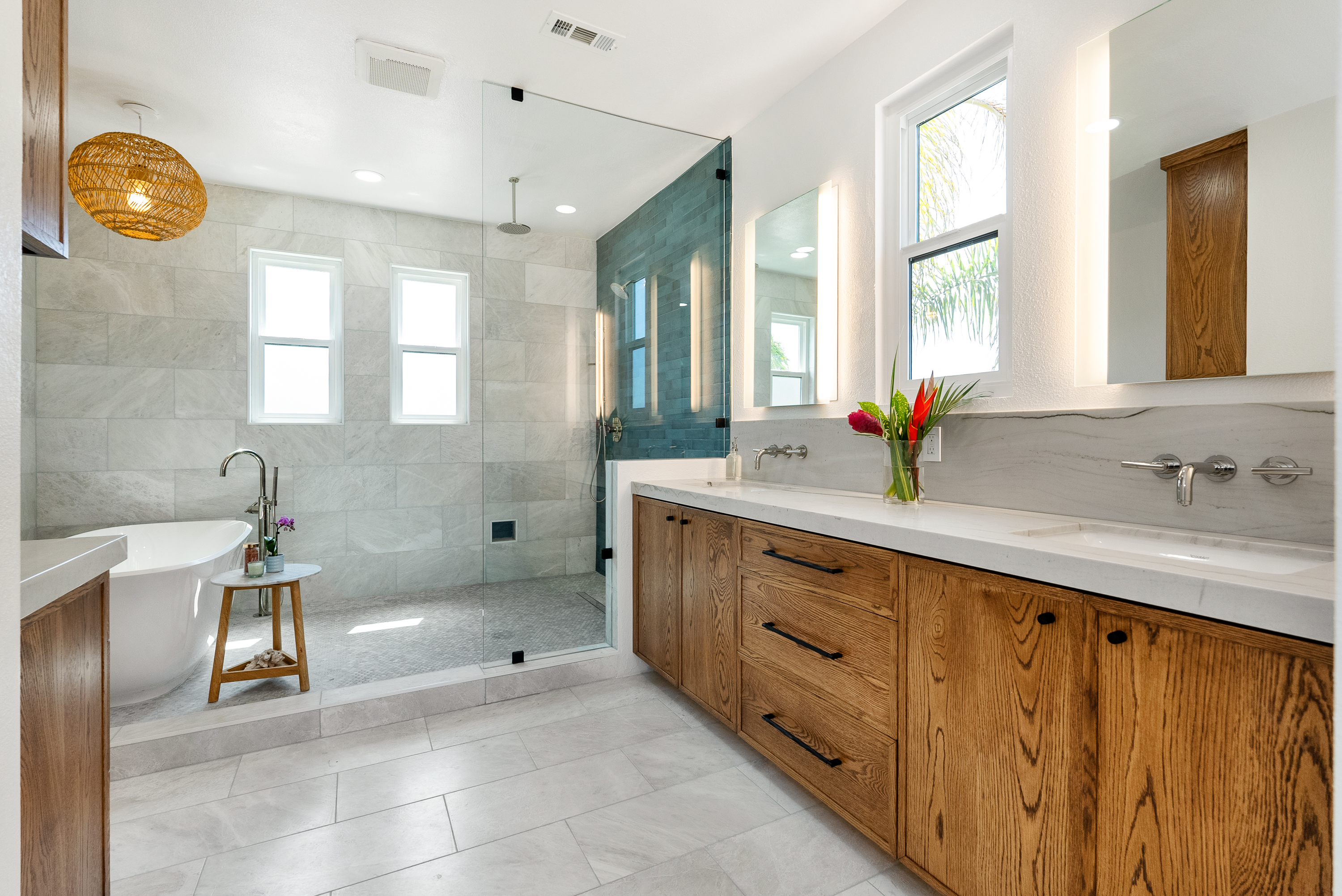 Modern bathroom featuring freestanding tub and elegant design