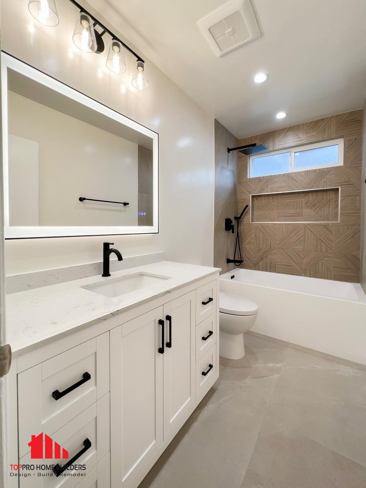 Modern bathroom vanity featuring white countertop