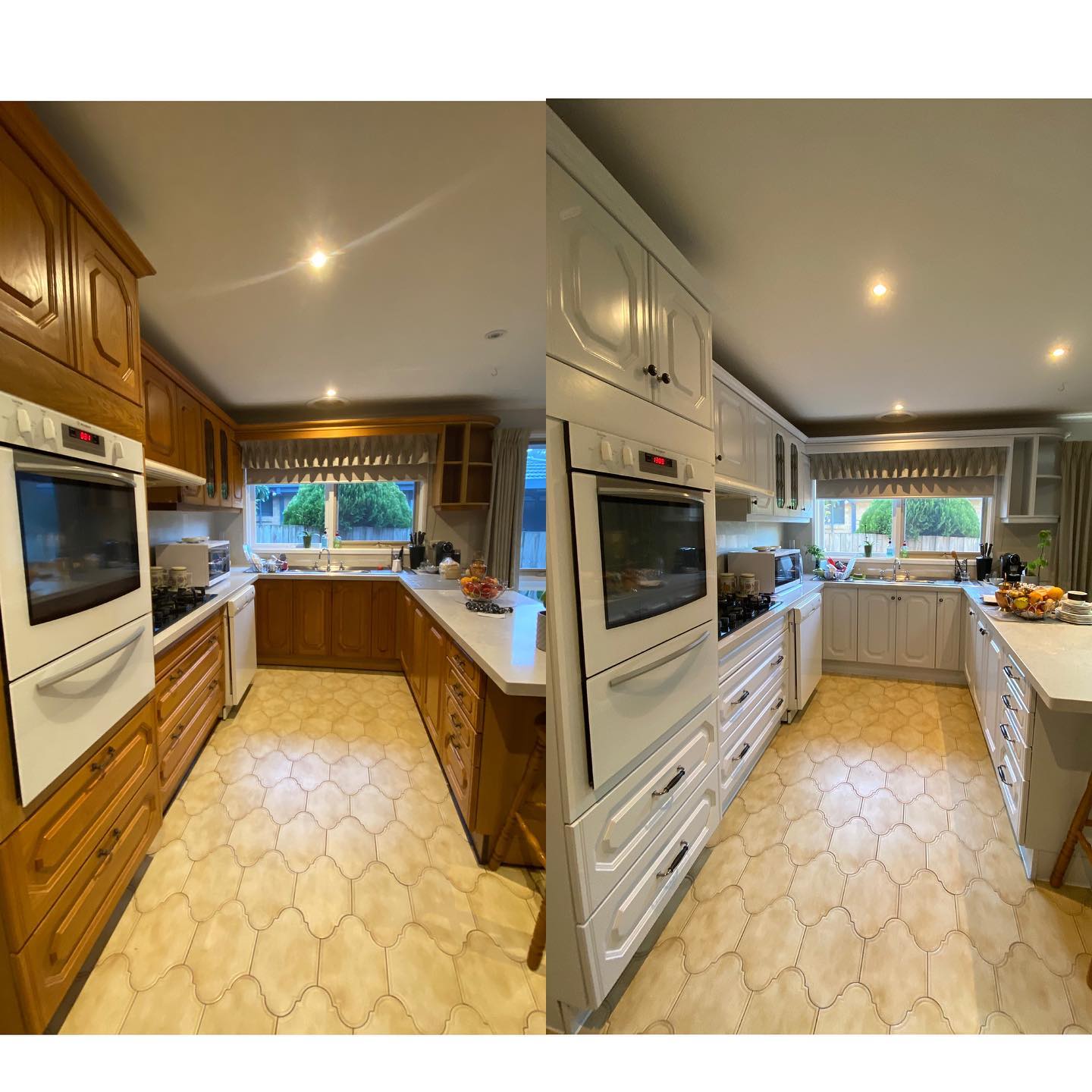 Before-and-after comparison of resurfaced kitchen cabinets
