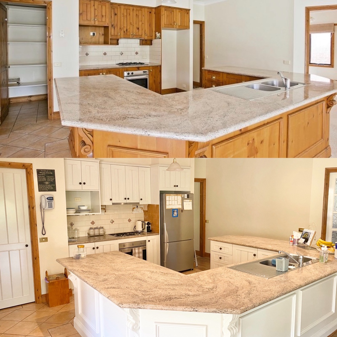 Before-and-after renovation of kitchen cabinets