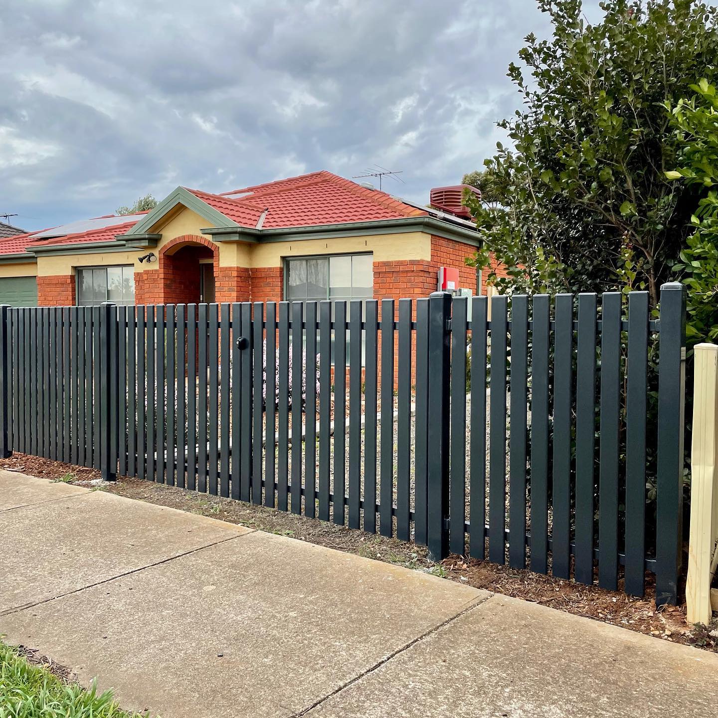Steel picket fence with charcoal satin finish