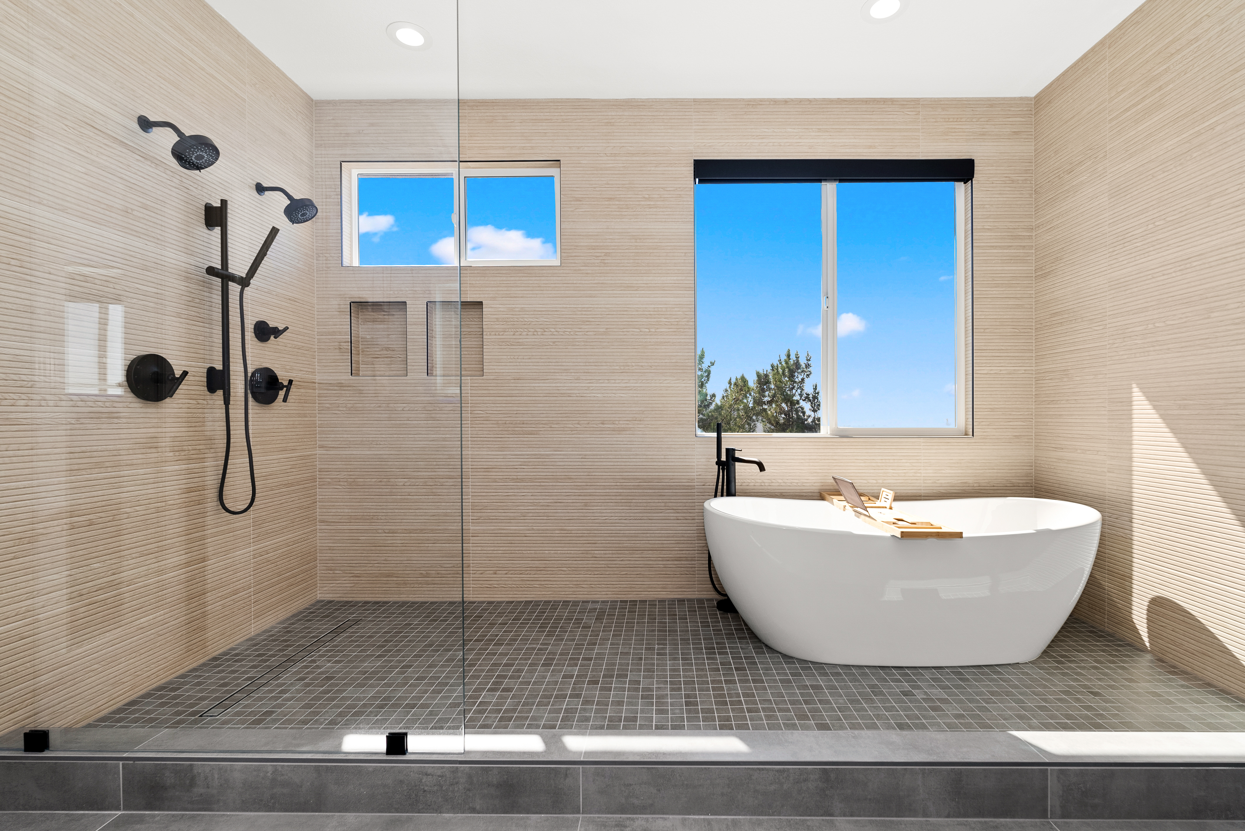 Walk-in shower with dual black showerheads