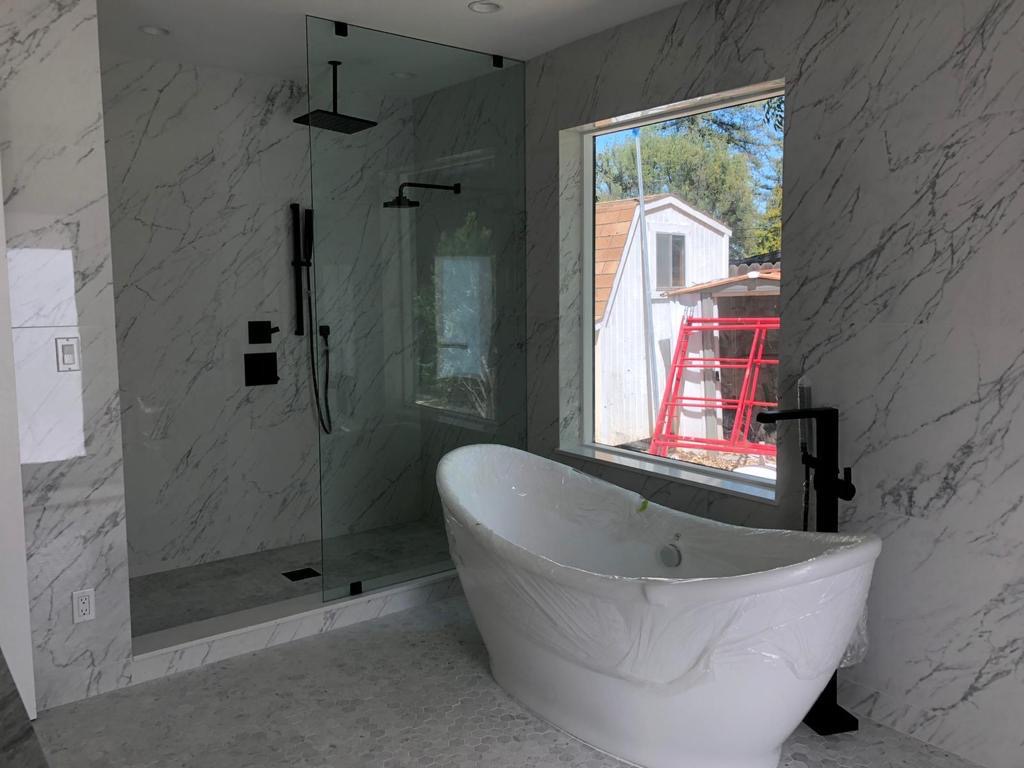 Modern kitchen featuring elegant white marble countertops