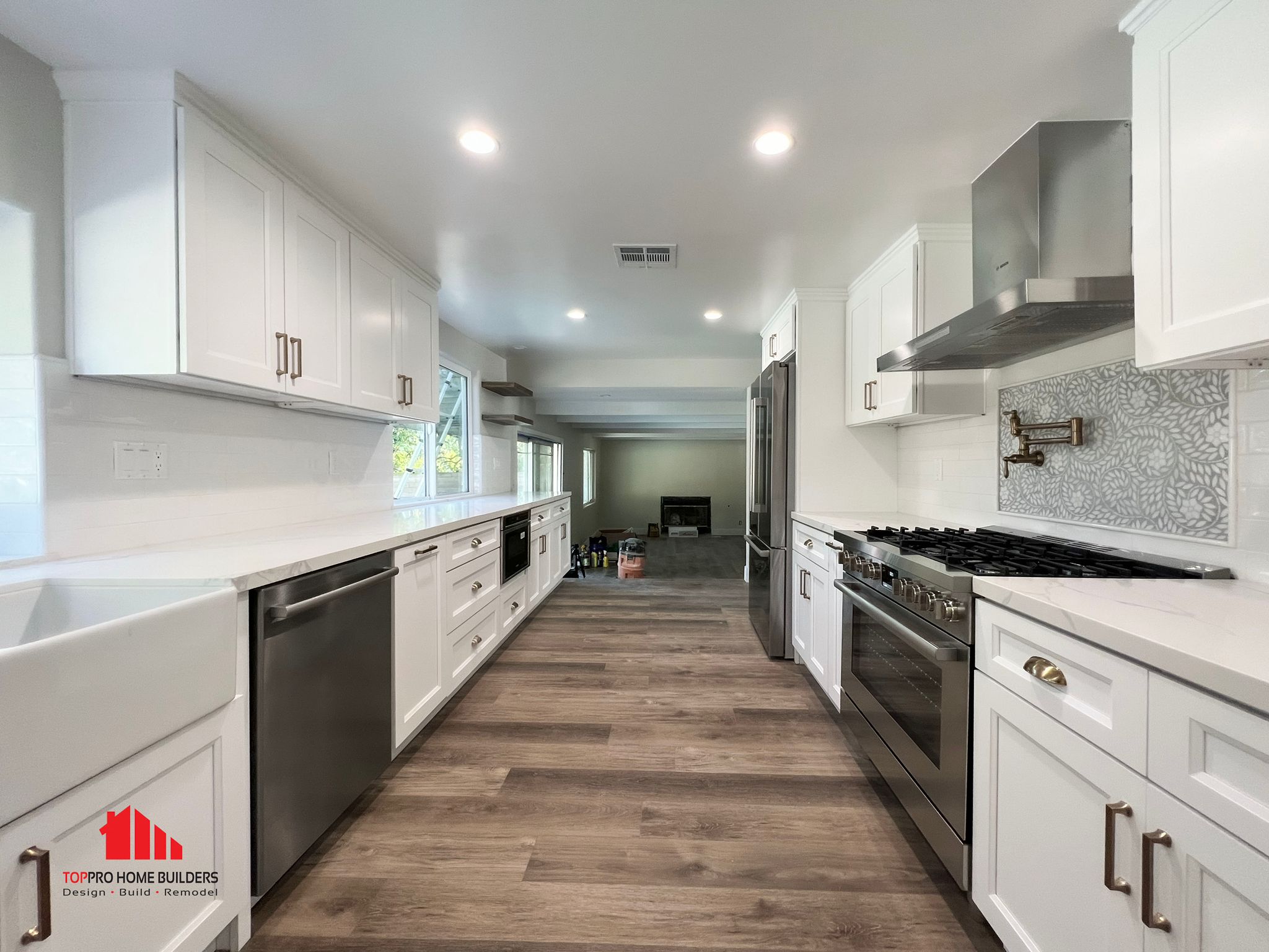 Decorative backsplash behind stove adds character