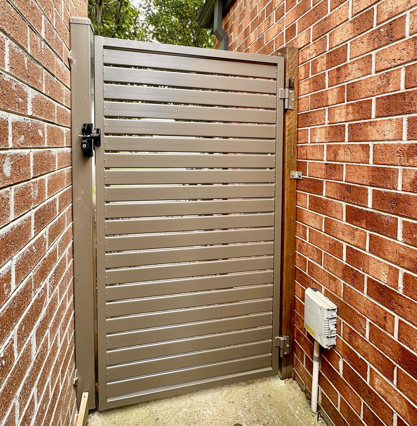 Steel slat fence gate secured with black latch