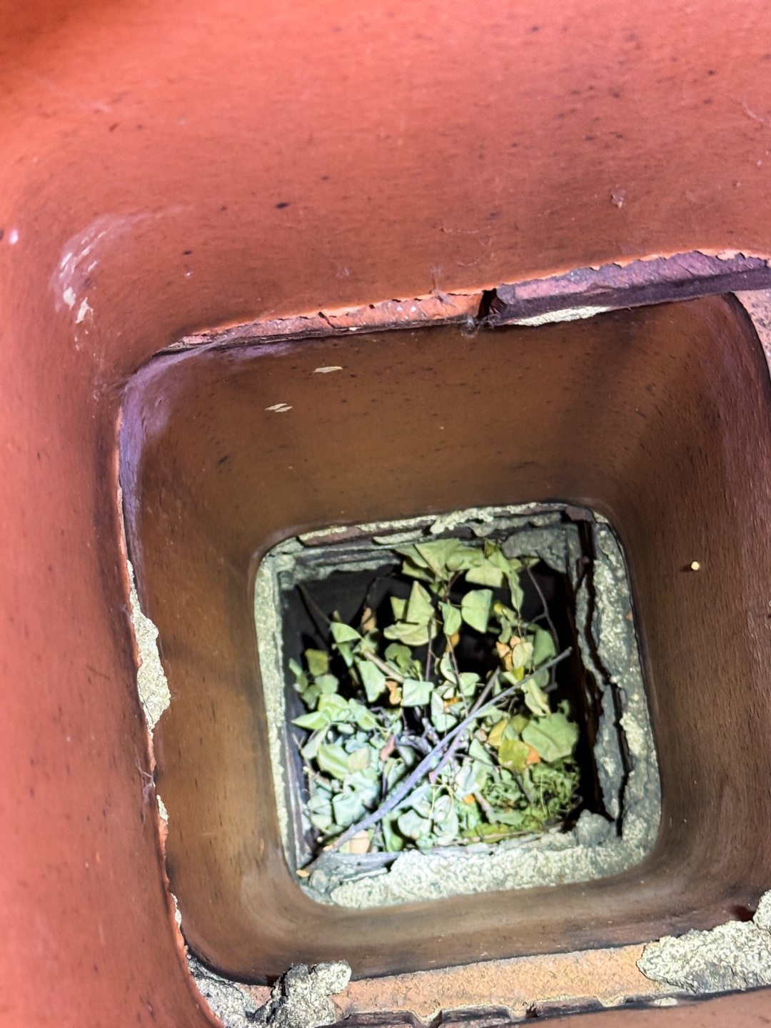 Interior view of chimney flue with debris