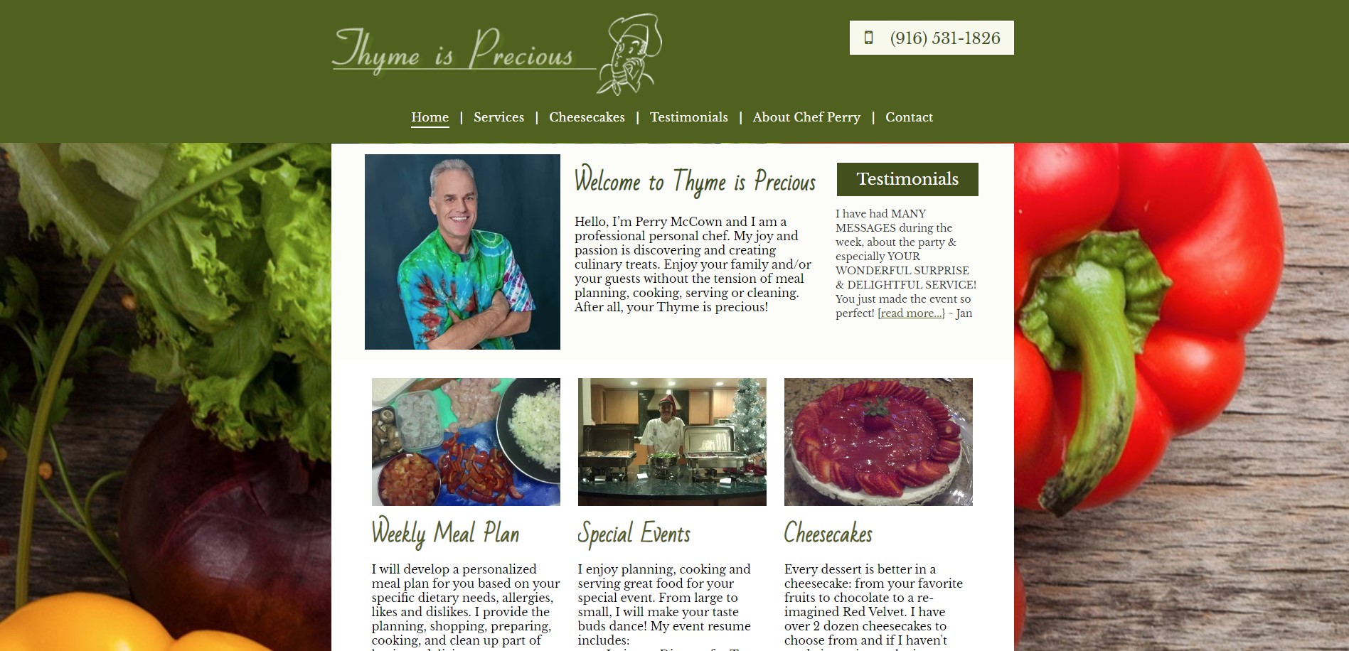 Chef Perry's revamped website homepage featuring colorful design elements