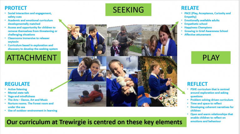 Trewirgie's curriculum focuses on four key elements: PROTECT, SEEKING, PLAY, and REFLECT – fostering holistic education.