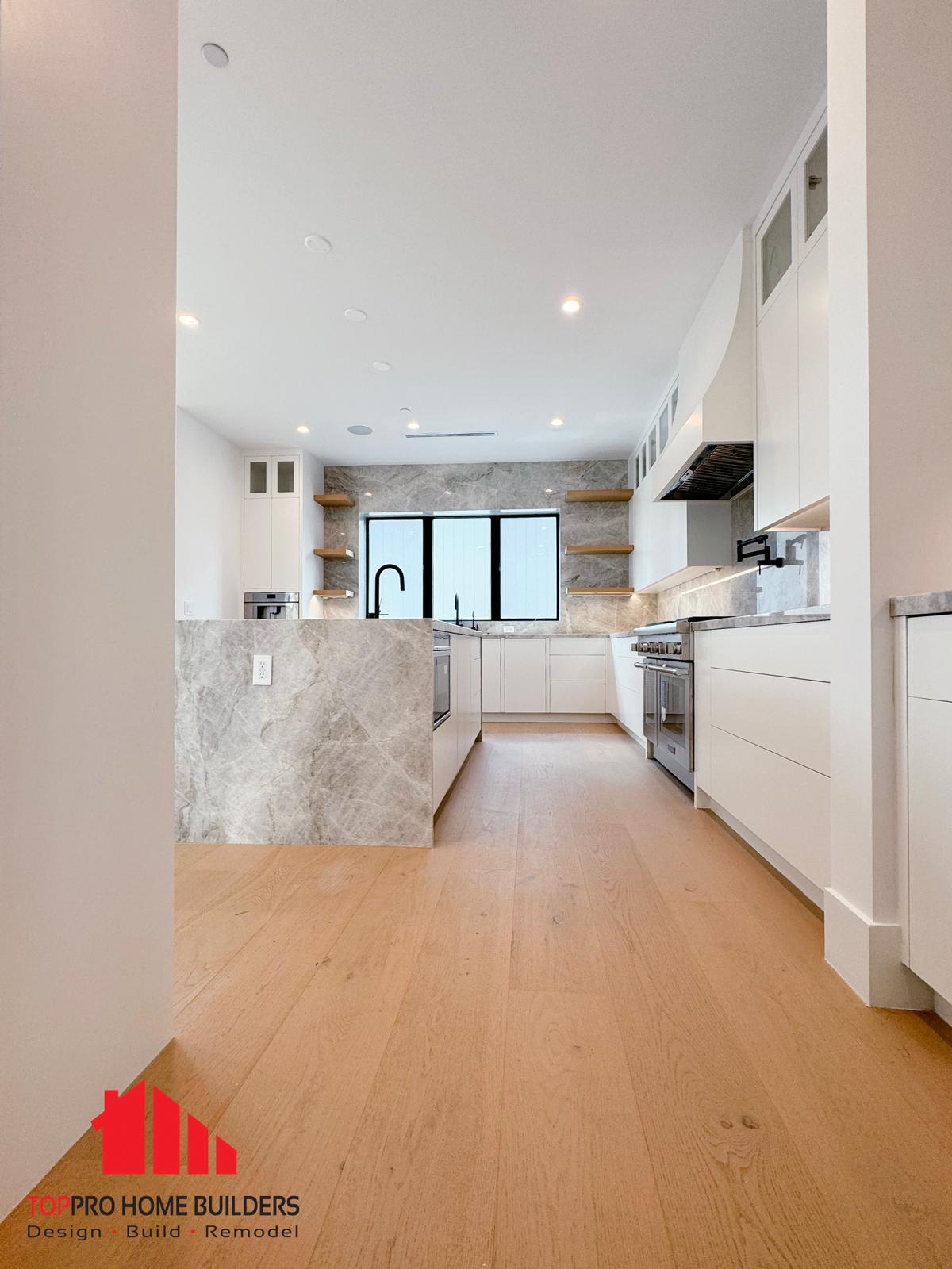 Bright modern kitchen with open shelving