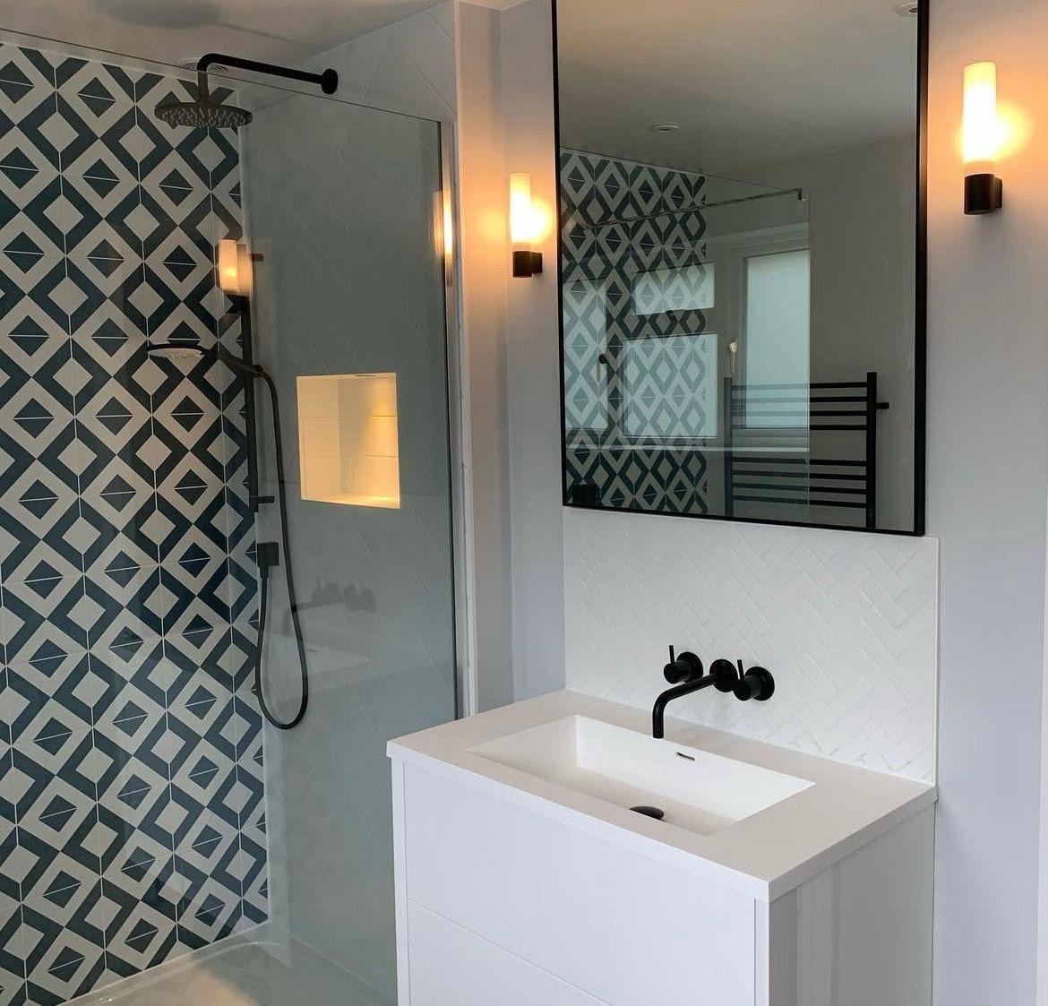 Modern bathroom with geometric tiles and sleek fixtures