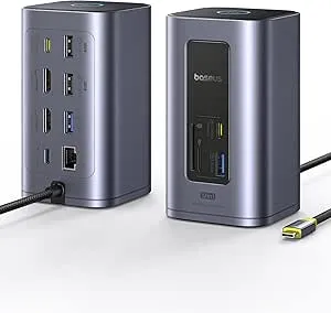 Baseus Docking Station, Nomos Air 12 in 1, Estación de Acoplamiento 2 Monitores con 2 * 4K HDMI, USB-A/C 10Gbps, Ethernet 1 Gbps, 100W PD, HUB USB C para Laptop DELL/HP/Lenovo/ASUS/Acer/Mac