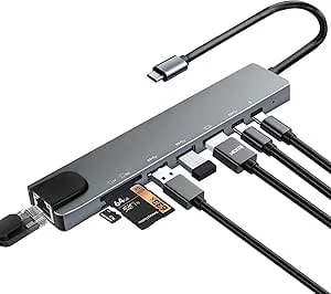 Hub USB C 8 en 1 con HDMI 4K, RJ45 Ethernet, Carga PD 100W, USB 3.0, USB 2.0, Puerto de Datos USB-C y Lector de Tarjetas SD/TF, Adaptador Multipuerto USB C para MacBook Air/Pro, DELL, HP, Surface