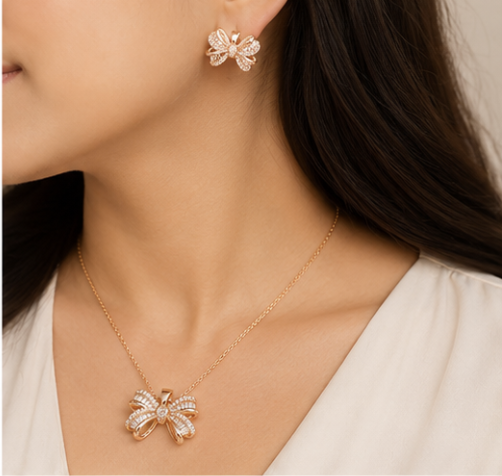 Rose Gold Crystal Bow Jewelry Set by Aurra Jewels