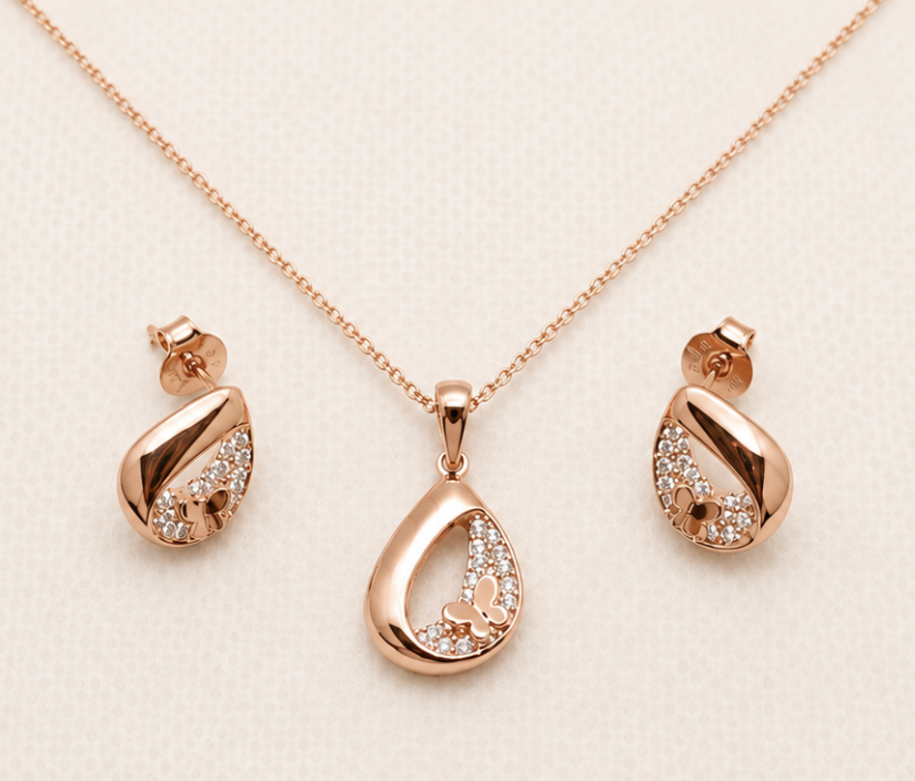 Rose Gold Butterfly Drop Pendant Set by Aurra Jewels