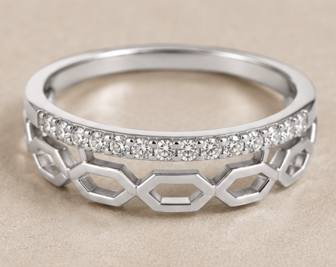 Silver Hexa CZ Band Ring