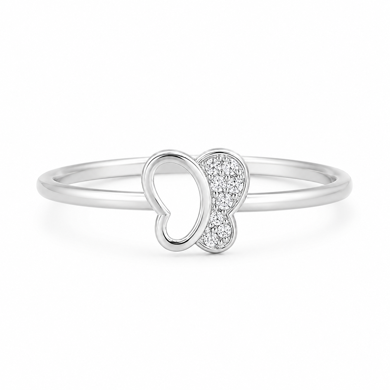 Silver Butterfly Heart CZ Ring