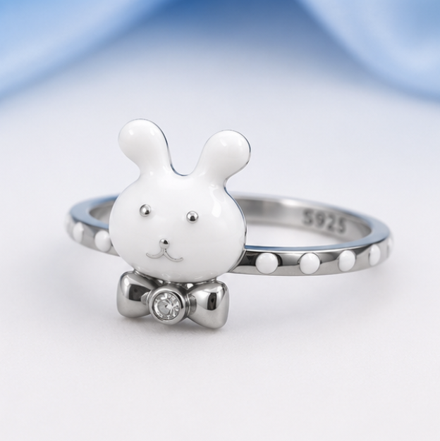 White Bunny Bow Sterling Silver Ring