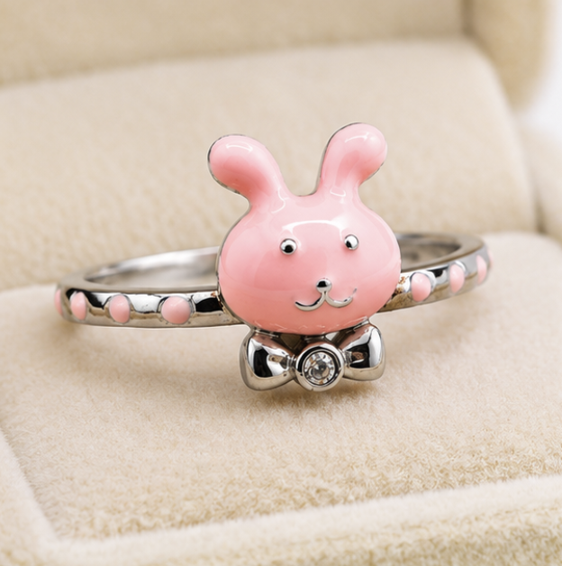 Pink Bunny Bow Sterling Silver Ring