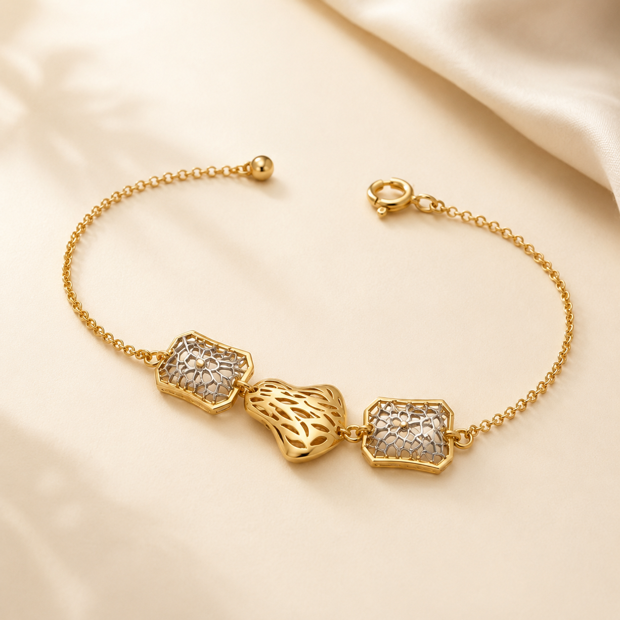 Gold Polish Filigree Charm Sterling Silver Bracelet